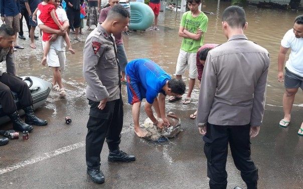 Salah seorang warga mendapatkan lele berukuran besar (Foto: Detik.com)