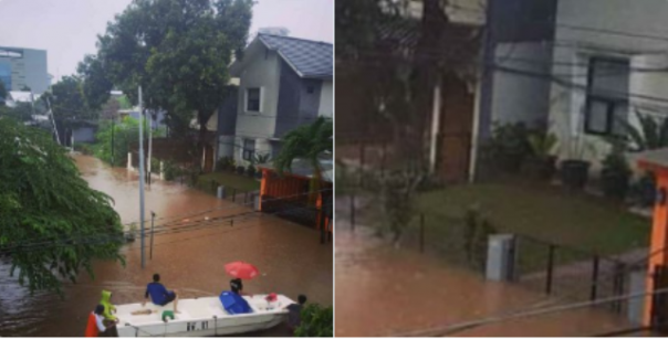Unggahan foto di Twitter yang memperlihatkan sebuah rumah di Jakarta yang tak kemasukan banjir, meski seluruh rumah di sampingnya sudah terendam. Foto: int 
