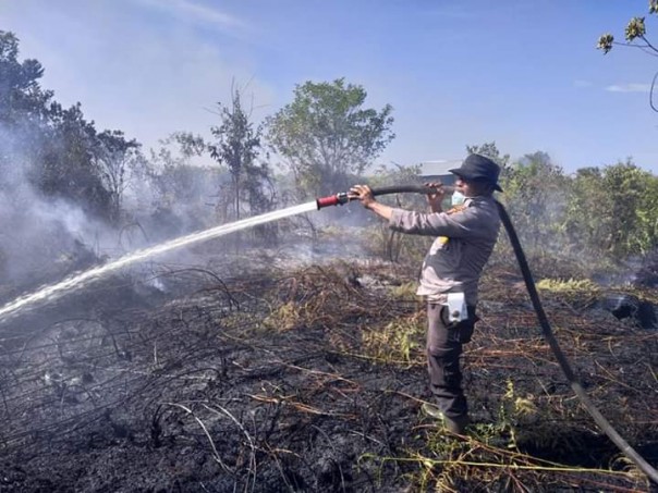 Petugas Polres Bengkalis berjibaku memadamkan api kebakaran hutan di Kabupaten Bengkalis. (Foto. Istimewa)