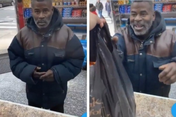 Viral video gelandangan yang bahagia mendapatkan makanan dan minuman gratis dari pemilik toko (foto/int)