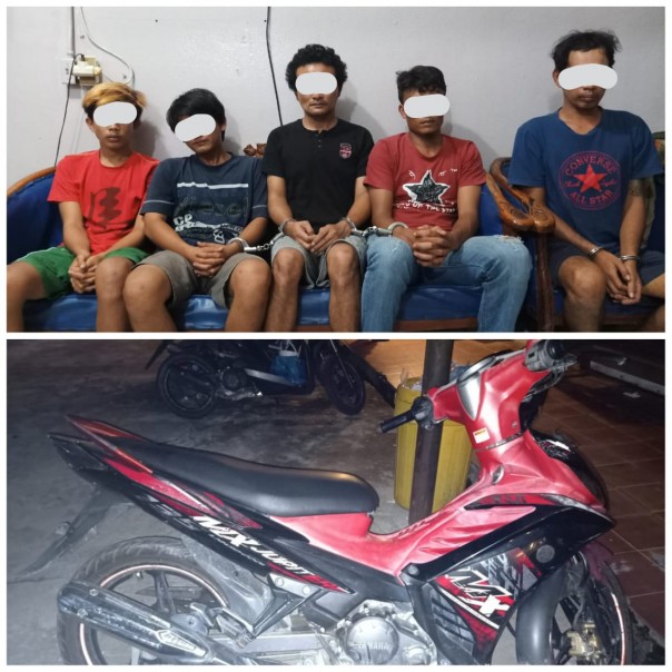 Jajaran kepolisian Polsek Mandau, Kabupaten Bengkalis meringkus 5 orang diduga komplotan pencurian sepeda motor (foto/Hari)