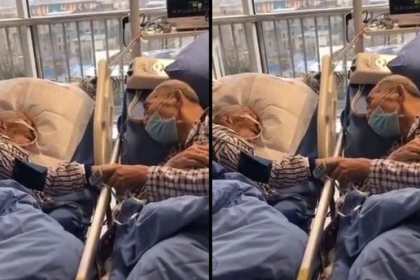Viral video mengharukan pasangan lanjut usia yang sama-sama terinfeksi virus corona / Kolase tangkap layar video Twitter @juliojiangwei