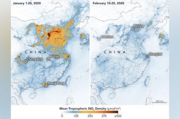 Gambar satelit di atas Tiongkok menunjukkan penurunan tingkat nitrogen dioksida