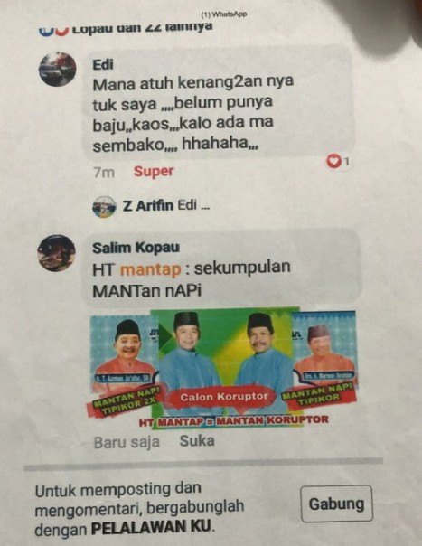 Postingan pemilik akun FB Salim Kopau yang diduga melakukan ujaran kebencian terhadap Husni Tamrin dan Tengku Edy Sabli
