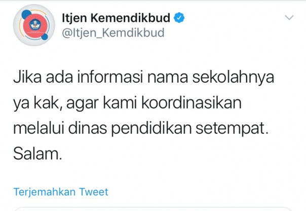Unggahan twitter Itjen Kemdikbud