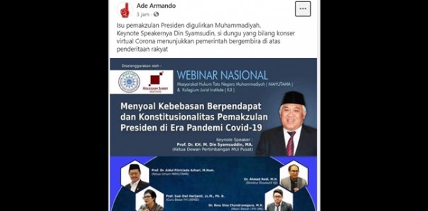 Postingan Ade Armando yang dinilai menghina Muhammadiyah dan Din Syamsuddin