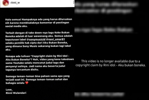 Merasa Disudutkan Soal Takedown Lagu Keke Bukan Boneka, Rinni Idol Tulis Klarifikasi (foto/int)