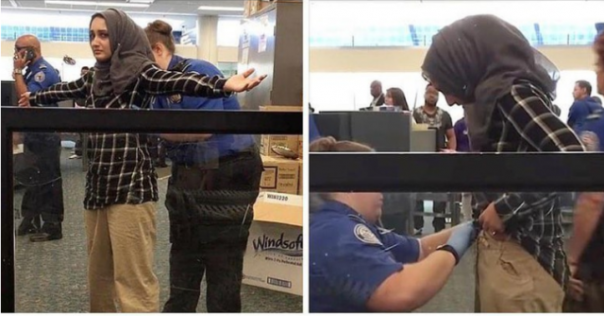 Foto yang memperlihatkan seorang muslimah mendapat perlakuan tak sepantasnya di Bandara Boston, AS. Netizen pun dibuat meradang dan mengutuk perbuatan itu. Foto: int 