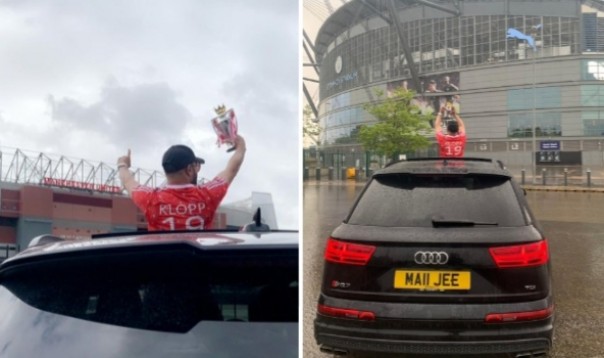Cari Lawan, Fans Liverpool Ini Pamer Replika Trofi Juara Premier League ke Markas Man City dan MU (foto/int)