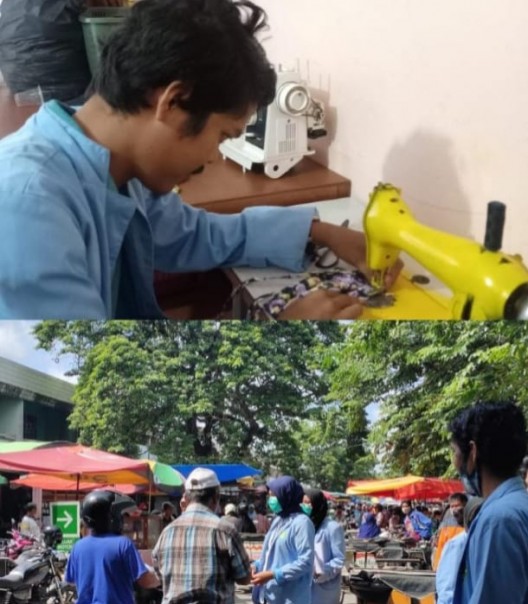 Mahasiswa Relawan UNRI di Kecamatan Bangkinang Buat, Serta Bagikan Masker di Pasar (foto/ist)