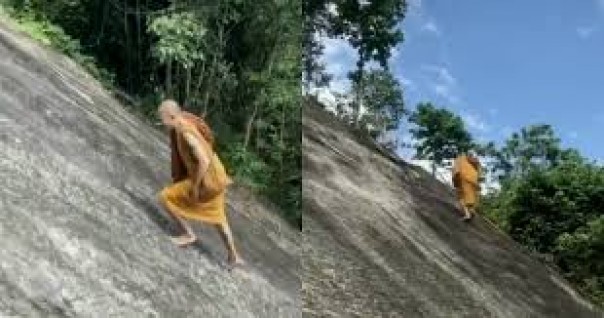 Mampu Mendaki Gunung Curam Dengan Telanjang Kaki, Video Seorang Biksu Ini Jadi Viral di India