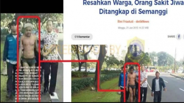 Ini perbandingan foto yang diunggah akun Jhon Jhon di Facebook, yang merekayasa foto orang gila yang diamankan warga. Foto: int 