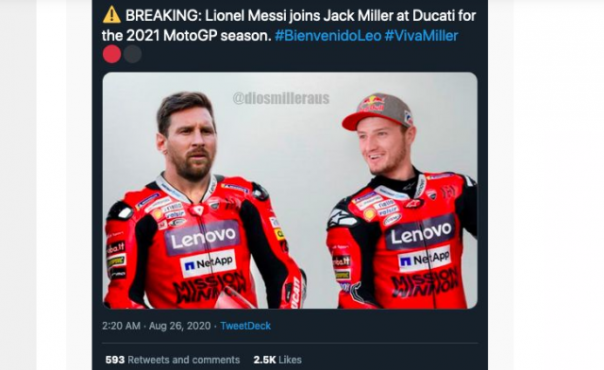 Postingan iseng netizen yang menduetkan Lionel Messi dan Jakc Miller di tim Ducati MotoGP. Foto: int 
