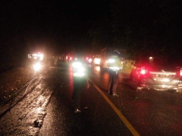 Dua Tiang Listrik Tumbang di Jalan Lintas Sumatera, Personil Polisi Polres Pelalawan Langsung Urai Kemacetan