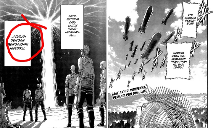 Shingeki No Kyojin 133 Eren Tegaskan Dirinya Tak Akan Berhenti Hancurkan Dunia, Pasukan Colosal Titan Mulai Dihadang Pesawat Pengebom (foto/int)
