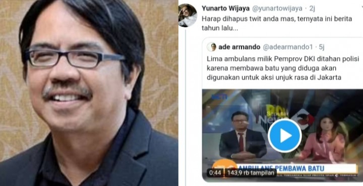 Viral Cuitan Ade Armando Soal Ambulans Pemprov DKI Dipakai Unjuk Rasa , Yunarto: Harap Dihapus Ternyata Berita Tahun Lalu (foto/int)