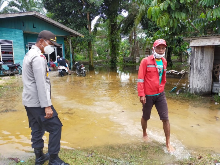 Tanggap Bencana, Kapolsek Ukui Terjun ke l Lokasi Banjir di Desa Lubuk Kembang Bunga