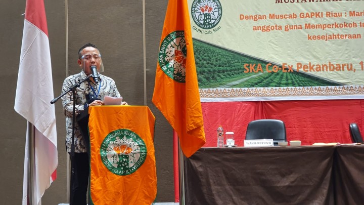 CEO PTPN V Jatmiko K. Santosa memberikan sambutan setelah terpilih secara aklamasi sebagai ketua Gapki Cabang Riau Periode 2021-2025 dalam Musyawarah Cabang Gapki Riau ke VI di Pekanbaru, Rabu (16/12/2020) (foto/ist) 