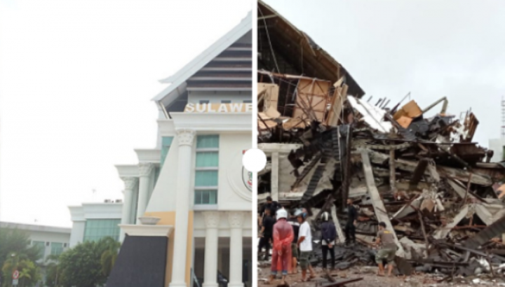 Kondisi Kantor Gubernur Sulawesi Barat sebelum dan setelah gempa. Foto: int/antara  