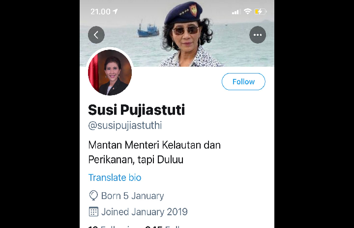 Akun Twitter palsu milik Susi Pudjiastuti. Foto: Twitter/Istimewa