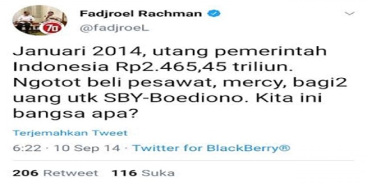 Tweet Juru Bicara Presiden Jokowi Fadjroel Rachman saat mengkritik SBY. Foto; repro