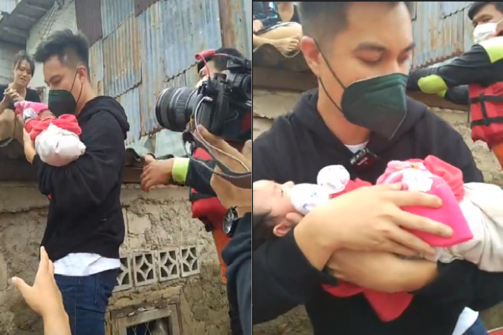 Penampakan Baim Wong menyelamatkan bayi korban banjir Jakarta. Foto: Instagram/@actforhumanity