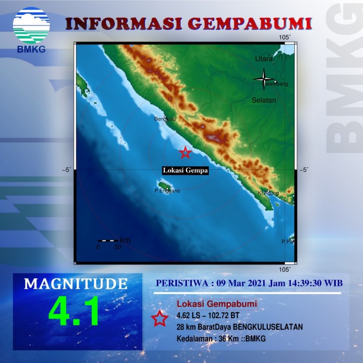 BMKG: Bengkulu Selatan Diguncang Gempa 4,1 Magnitudo (foto/int) 
