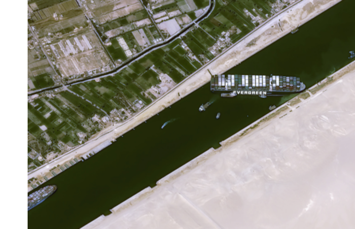 Penampakan Terusan Suez yang macet dari udara. Foto: Internet