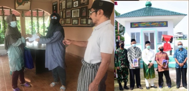H.Aris Abeba menyerahkan bantuan (kiri) Danrem dan Gubernur Riau saat meresmikan mushola
