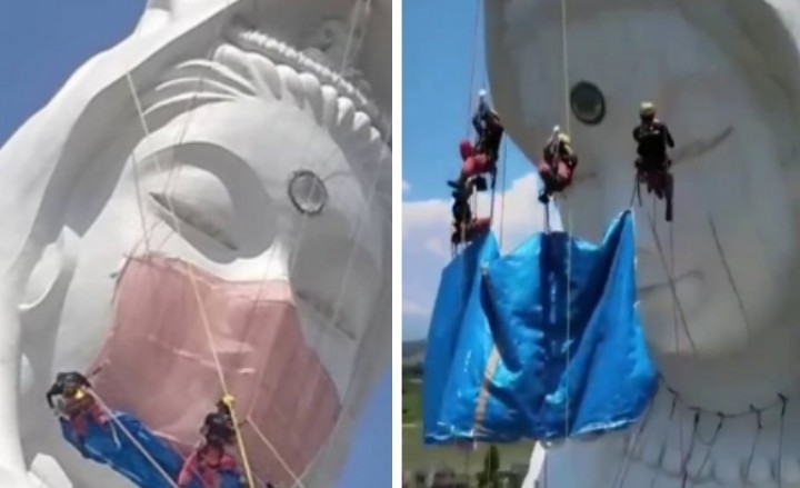 Viral Video Orang Jepang Pasang Masker ke Patung Raksasa Dewi Kwan Im, Agar COVID-19 Sirna (foto/int) 