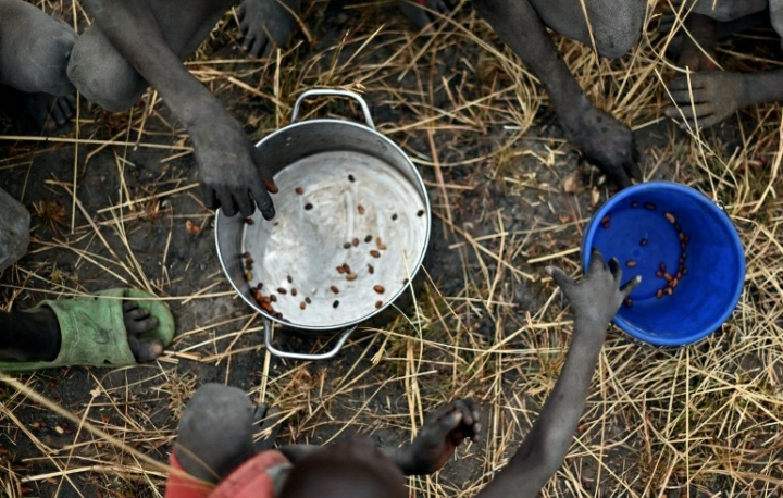 Anak-anak di Sudan Selatan mengumpulkan biji-bijian setelah makanan jatuh dari pesawat Program Pangan Dunia pada tahun 2020 [Tony Karumba/AFP]