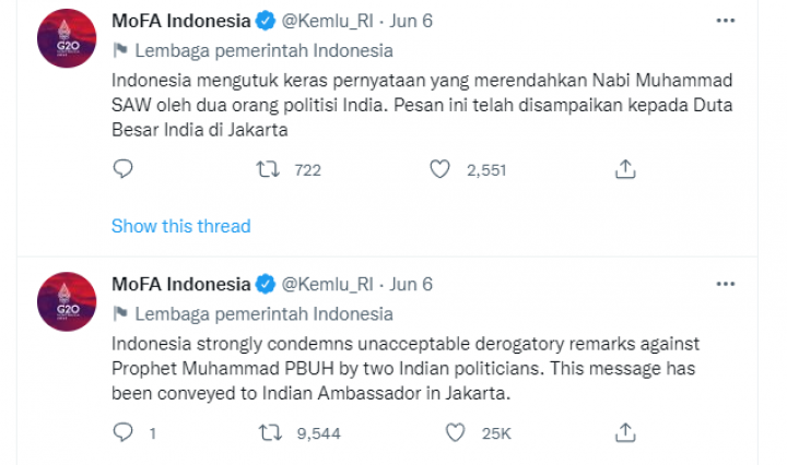 Kementrian Luar Negeri Indonesia mengambil sikap atas penghinaan Nabi Muhammad oleh BJP India/ Screeshoot/ @Kemlu_RI