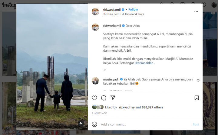 Ridwan Kamil tulis pesan untuk Arka dan beritahu perkembangan masjid Al Mumtadz(instagram/@ridwankamil)