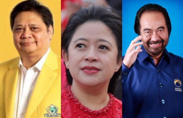 Airlangga Hartarto, Ketum Golkar (kiri), Puan Maharani Ketua DPP PDIP bidang politik (tengah), Surya Paloh, Ketum Nasdem (kanan)