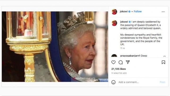 Ucapan Belasungkawa Presiden Joko Widodo di Akun Instagram Resmi Miliknya (Screenshot)