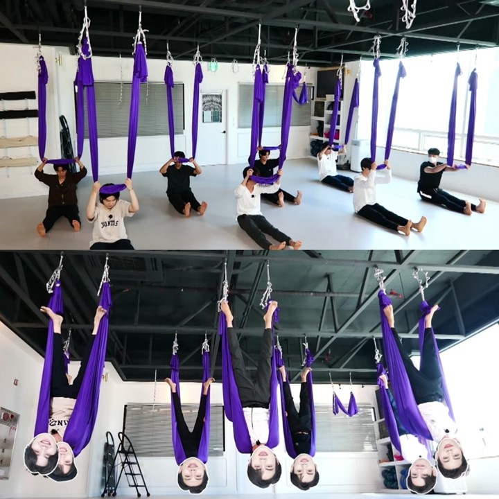 Penampakan Latihan Flaying Yoga yang Dilakukan Members BTS di Run BTS2 (Foto: Twitter)