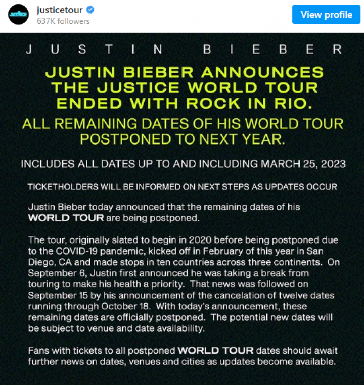 Justin Bieber kembali tunda World Tour karena masalah kesehatan /instagram