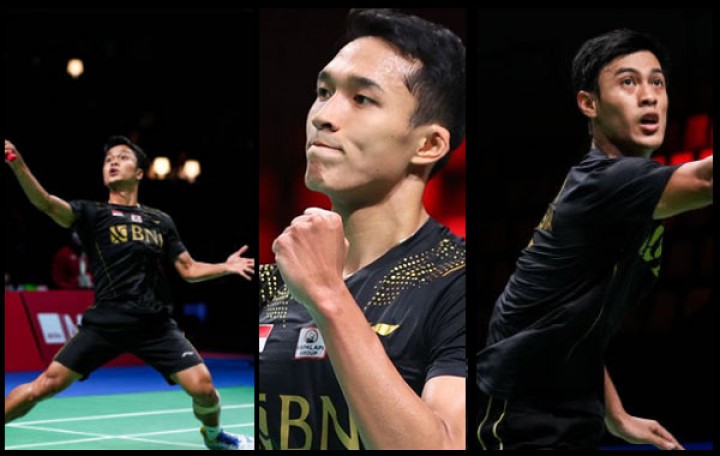 Potret Anthony Ginting, Jonatan Cristhie, dan Shesar Hiren Perwakilan Partai Tunggal Indonesi di Denmark Open 2022. (PSBI)
