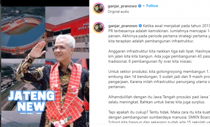 Ganjar Pranowo pamer keberhasilan selama menjabat sebagai Gubernur Jawa Tengah usai di sanksi PDIP /@ganjar_pranowo