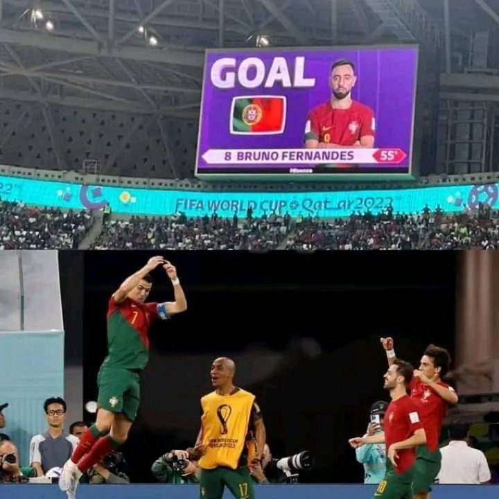 Potret Ronaldo Lakukan Selebrasi SIu! disaat Gol di Cetak oleh Bruno Fernandes. (Twitter)