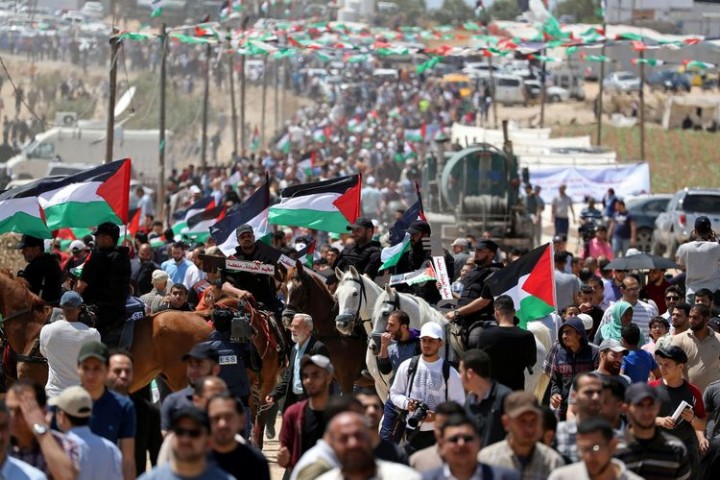 Potret peringatan Nakba di Palestina, peristiwa eksodus massal setidaknya 750 ribu warga Palestina akibat pembentukan negara Israel pada 1948. (BBC/Foto)