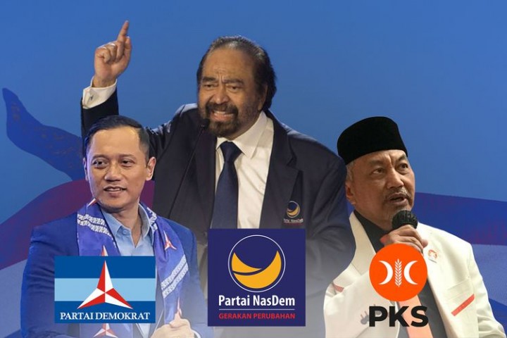 Presiden PKS Ahmad Syaikhu, Ketum Demokrat Agus Harimurti Yudhoyono (AHY) dan Ketum Nasdem Surya Paloh. Sumber: Kompas