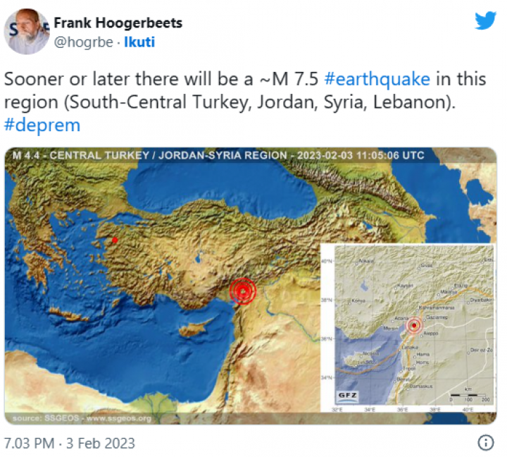 Cuitan Frank Hoogerbeets memprediksi gempa bumi yang terjadi di Turki menjadi viral /tangkapan layar