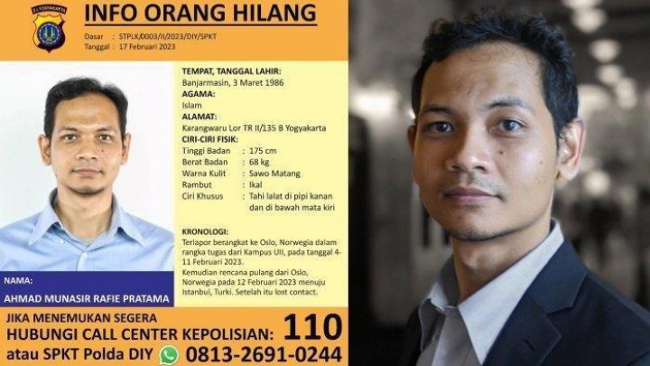 Ahmad Munasir Rafie Pratama (AMRP), dosen UII Yogyakarta diduga hilang usai hadiri konferensi di Norwegia /@poldajogja