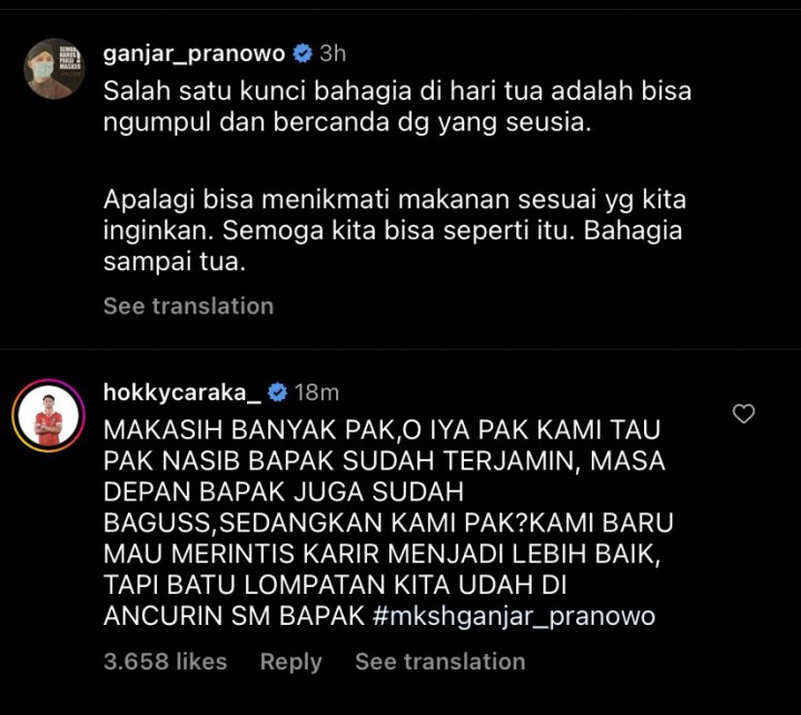 Screenshot keomentar Hokky di salah satu postingan Ganjar Pranowo di akun Instagram pribadi miliknya @ganjar_pranowo.