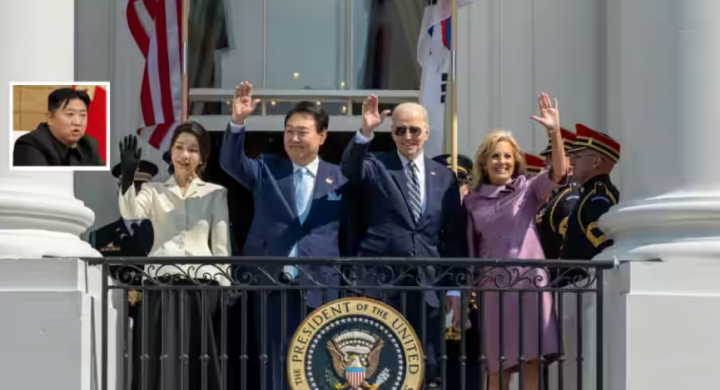 Presiden AS Joe Biden, ibu negara Jill Biden dengan rekan Korea Selatan mereka di Gedung Putih pada 26 April 2023 /@JoeBiden