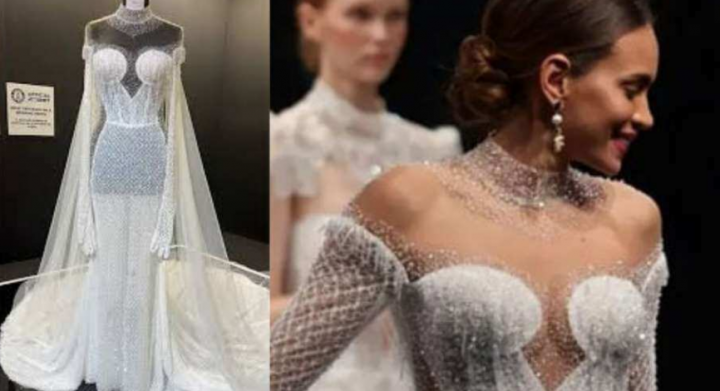 Gaun pengantin yang dihiasi lebih dari 50.000 kristal Swarovski /Twitter