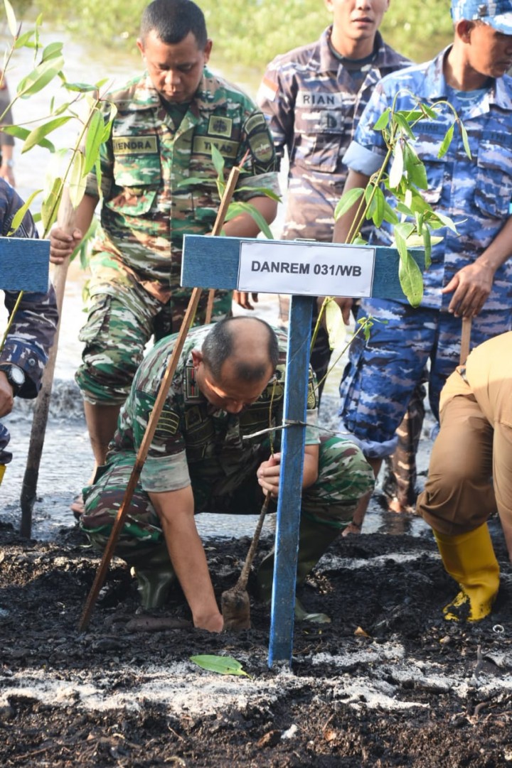 Danrem 031/WB Brigjend TNI Dany Rakca saat menanam pohon Manggrove secara serentak jajaran TNI Se Indonesia.