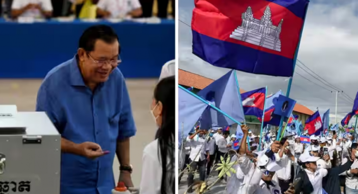 Gambar menunjukkan Perdana Menteri Kamboja Hun Sen (kiri) setelah memberikan suaranya di tempat pemungutan suara selama pemilihan lokal di provinsi Kandal. (Kanan) Pendukung partai oposisi, Partai Cahaya Lilin selama kampanye untuk pemilihan lokal mendatang /Agensi