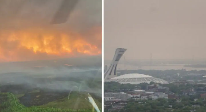 Gambar selebaran milik pilot helikopter Kevin Burton ini menunjukkan pemandangan udara kebakaran hutan antara Chibougamau dan komunitas Pribumi Mistissini di Quebec utara pada 5 Juni 2023 (kiri). Stadion Olimpiade sebagai Montreal diselimuti kabut asap pada 6 Juni 2023, di Montreal (kanan) /AFP